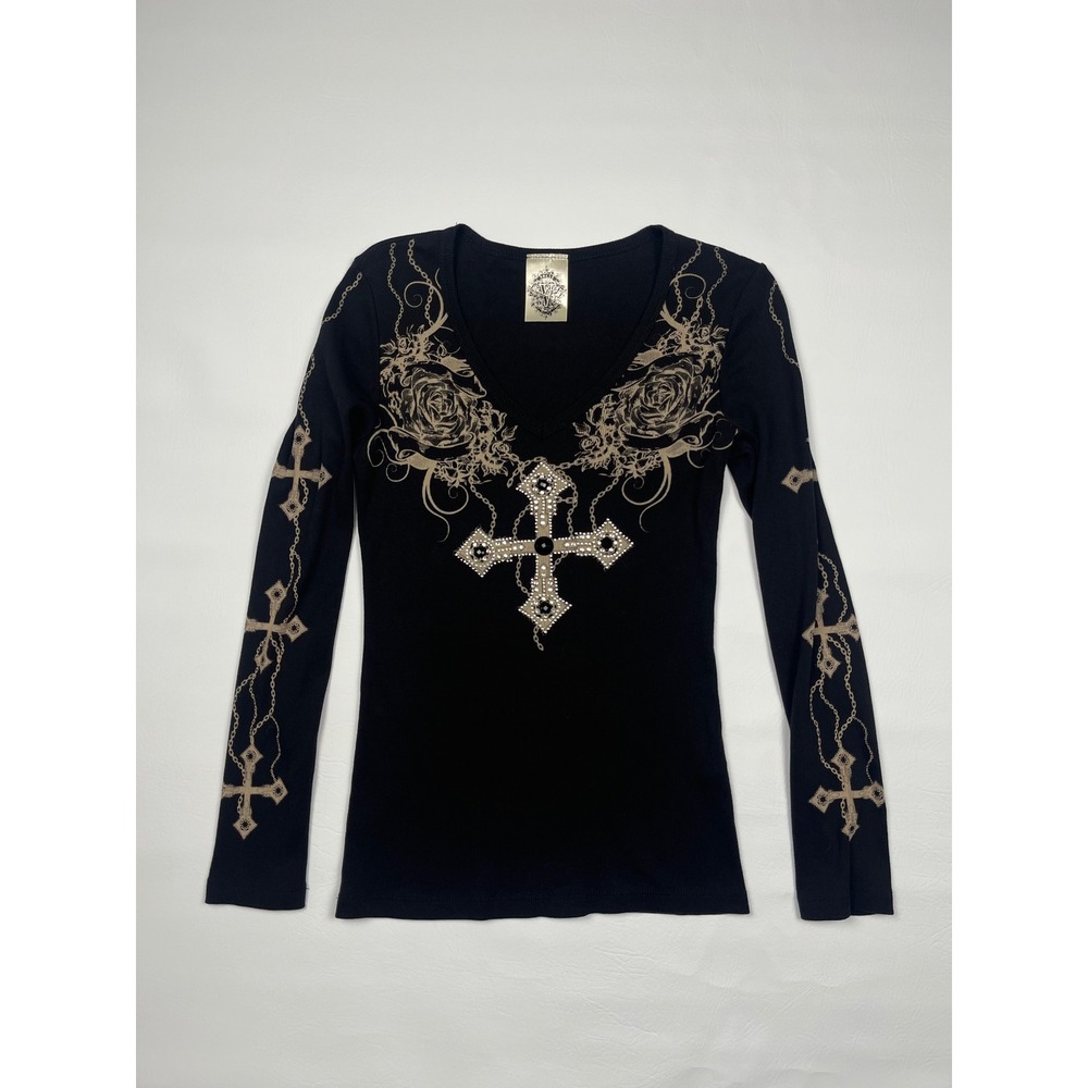 Vocal Y2K Rhinestone Cross Graphic Top Women's XL Black Gothic Thermal Ribbed